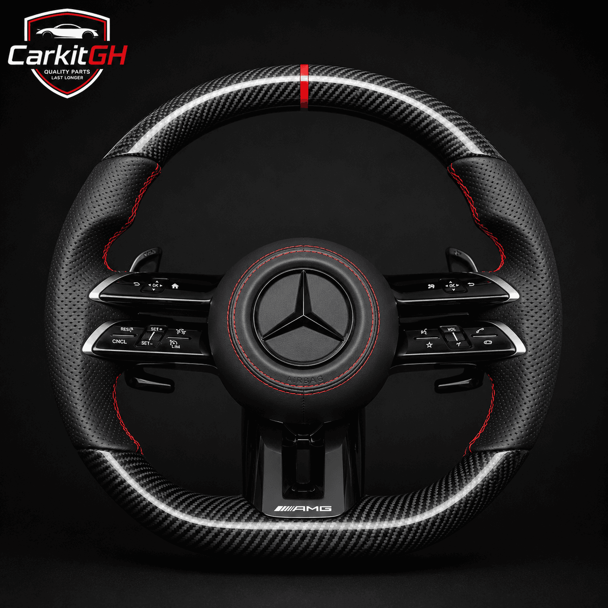 Reference photo for Mercedes-Benz AMG Performance Carbon Fiber Steering Wheel with Multifunction Controls (2019+ C-Class, E-Class, GLE & GLC AMG Models); CarKit will send photos of the actual available part before purchase